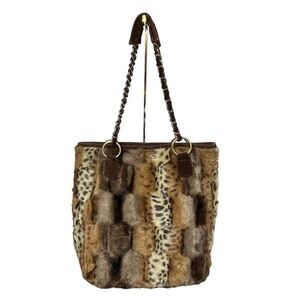 Faux Fur Patchwork Tote Bag in Brown